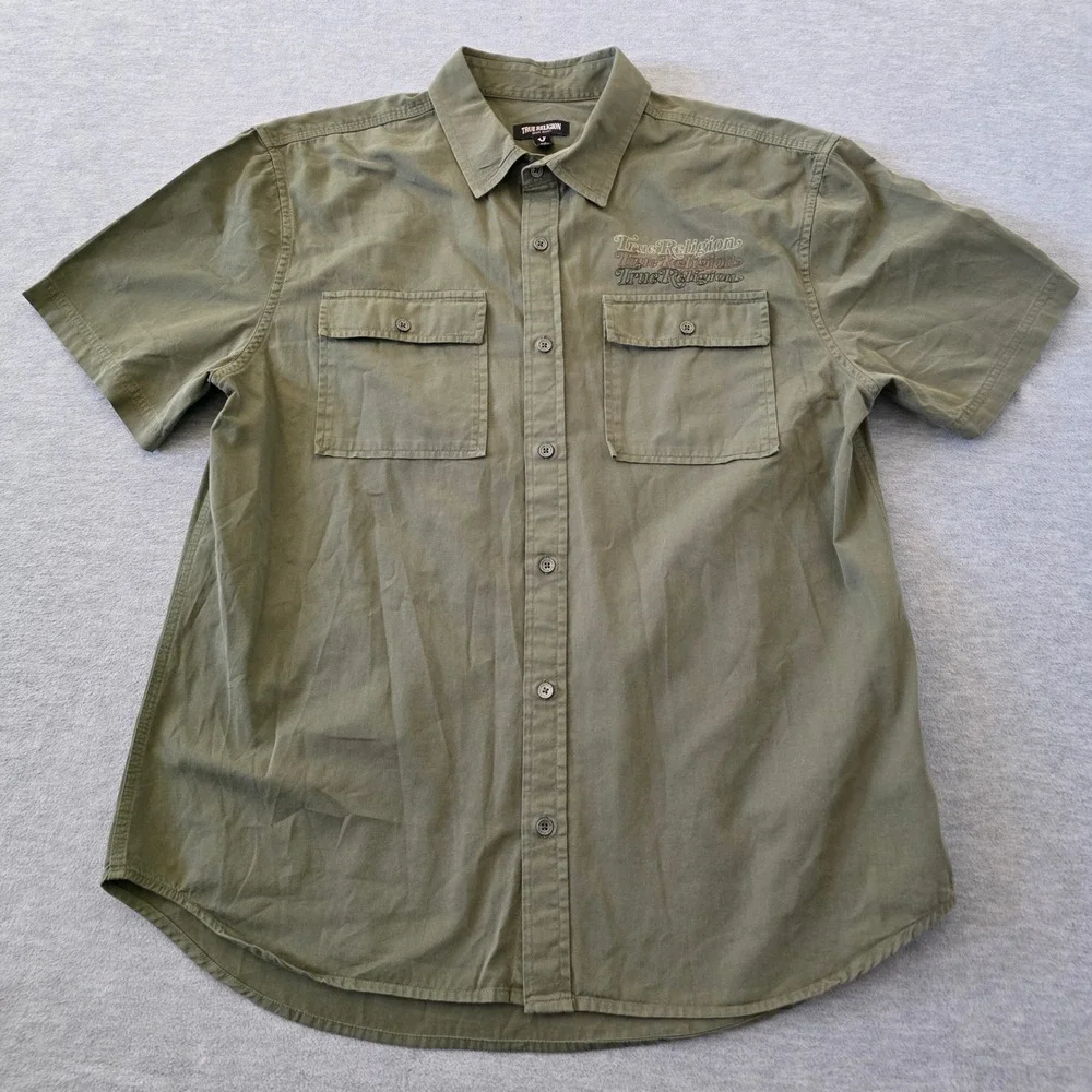 True Religion Mens Olive Green Short Sleeve Button Down Utility Shirt Large